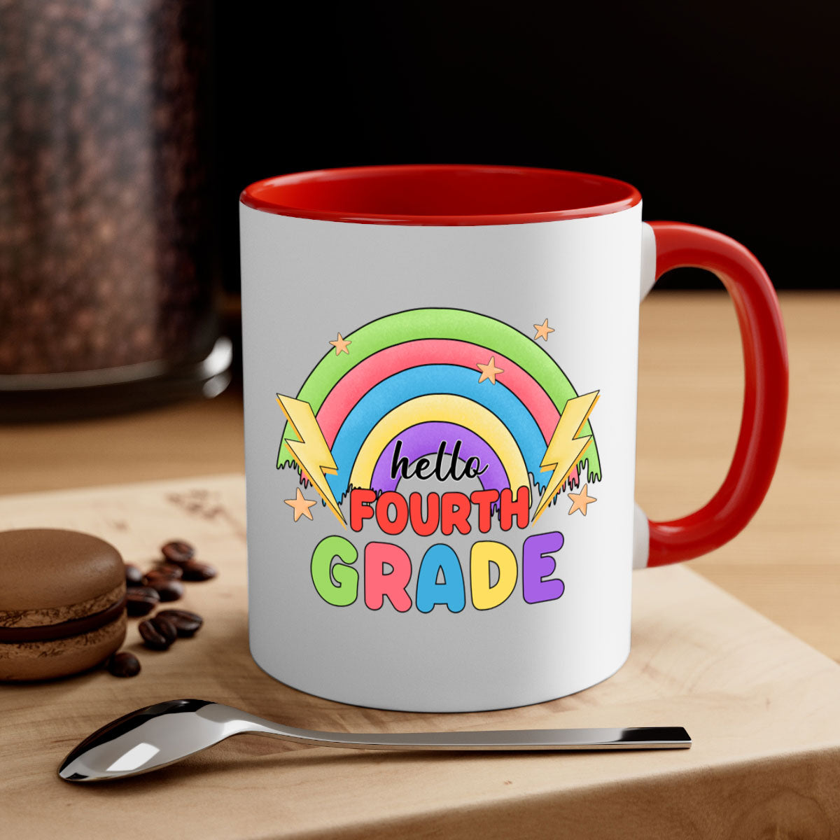 Hello 4th Grade Rainbow Mug featuring a glossy finish, colorful handle and interior, available in two sizes.
