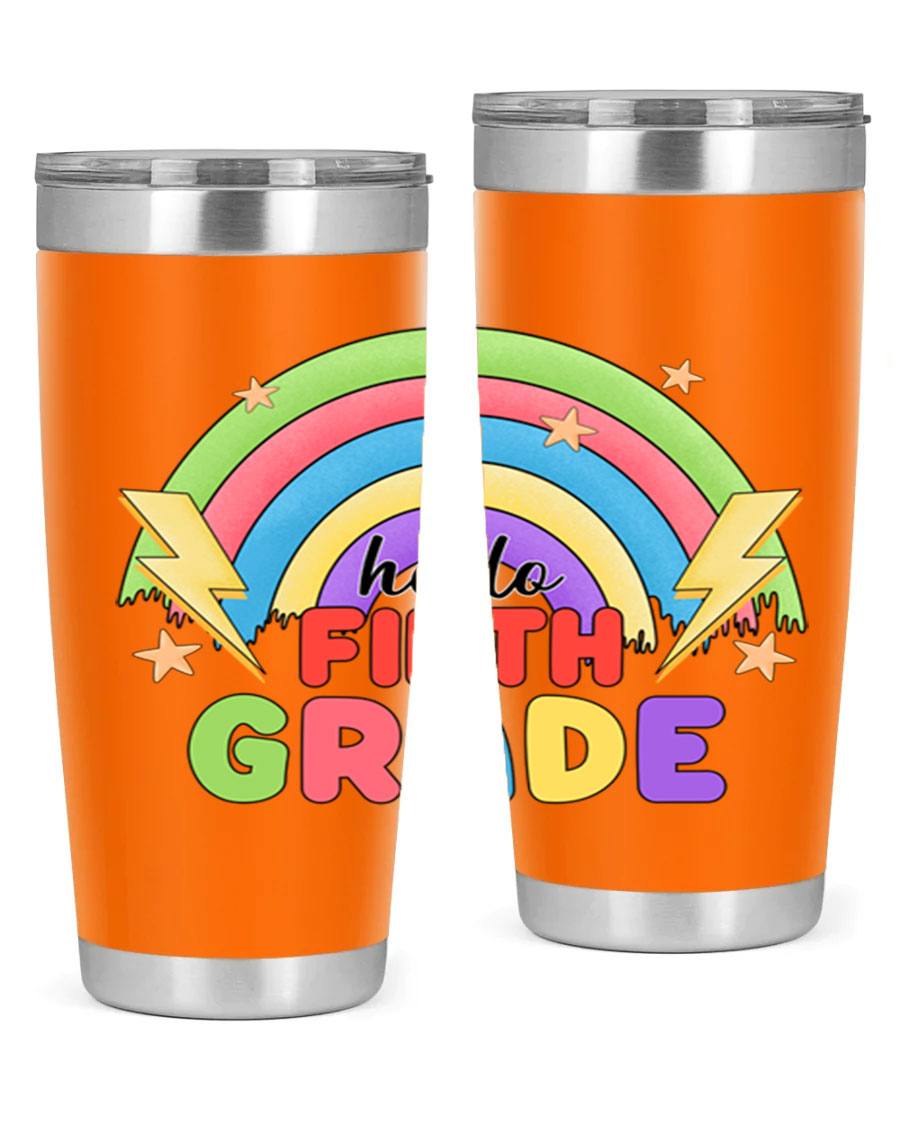 Hello 5th Grade Rainbow 20oz Tumbler featuring a vibrant rainbow design, made of double wall vacuum stainless steel with a drink-thru lid.