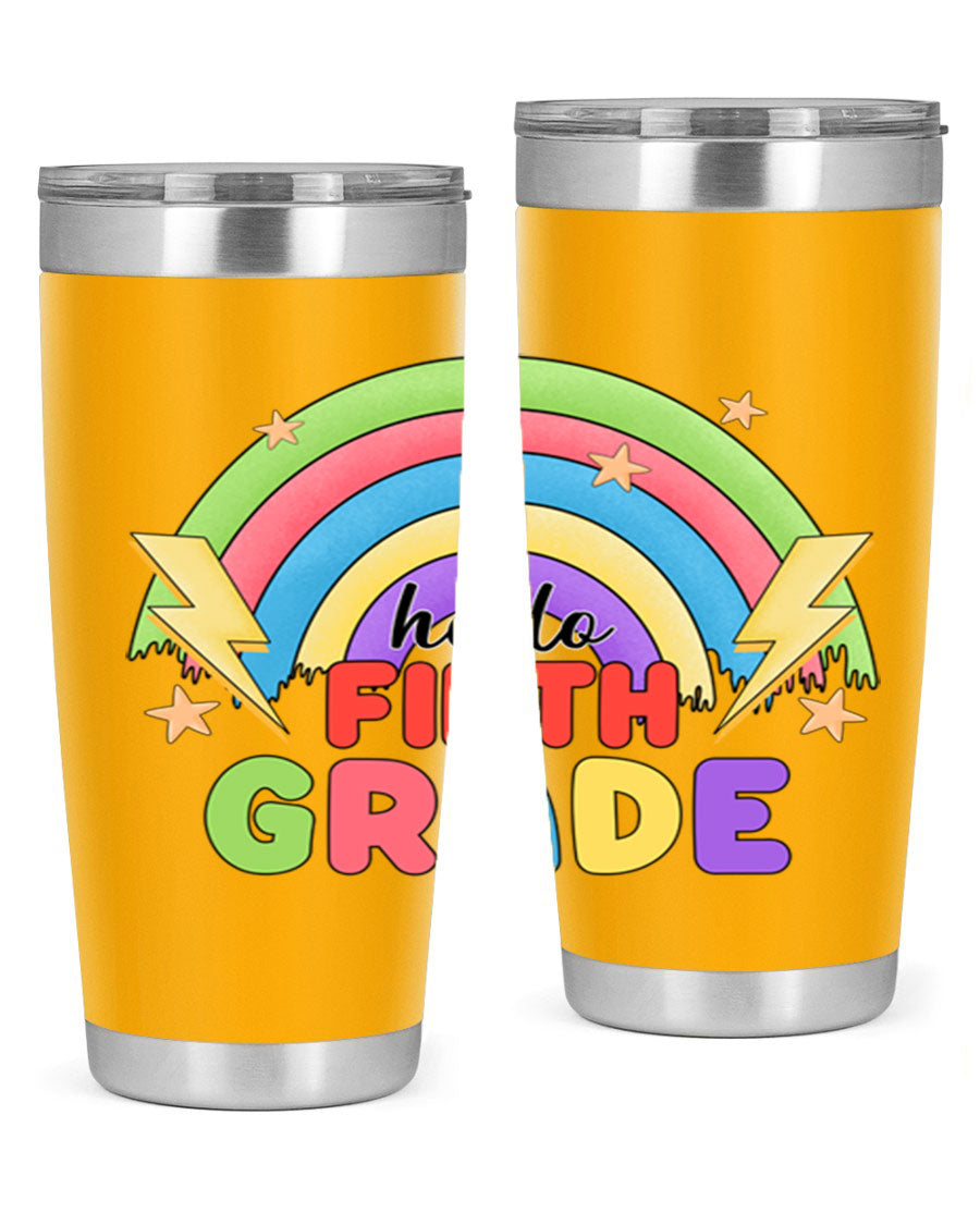 Hello 5th Grade Rainbow 20oz Tumbler featuring a vibrant rainbow design, made of double wall vacuum stainless steel with a drink-thru lid.