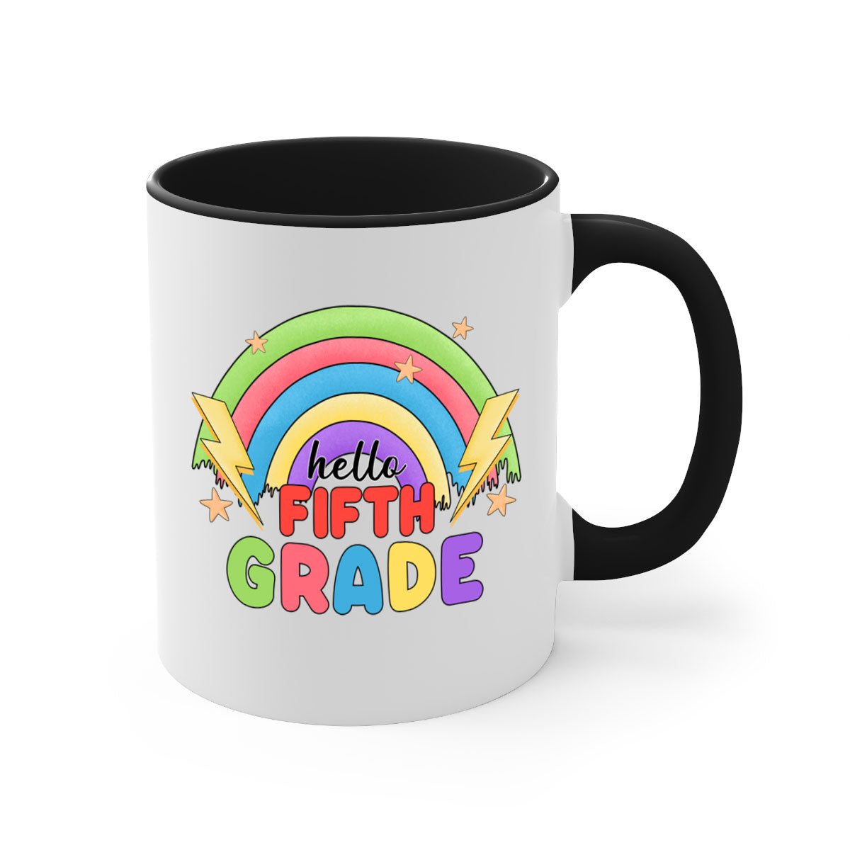 Hello 5th Grade Rainbow Mug with colorful handle and interior, showcasing a glossy finish, perfect for coffee and tea lovers.