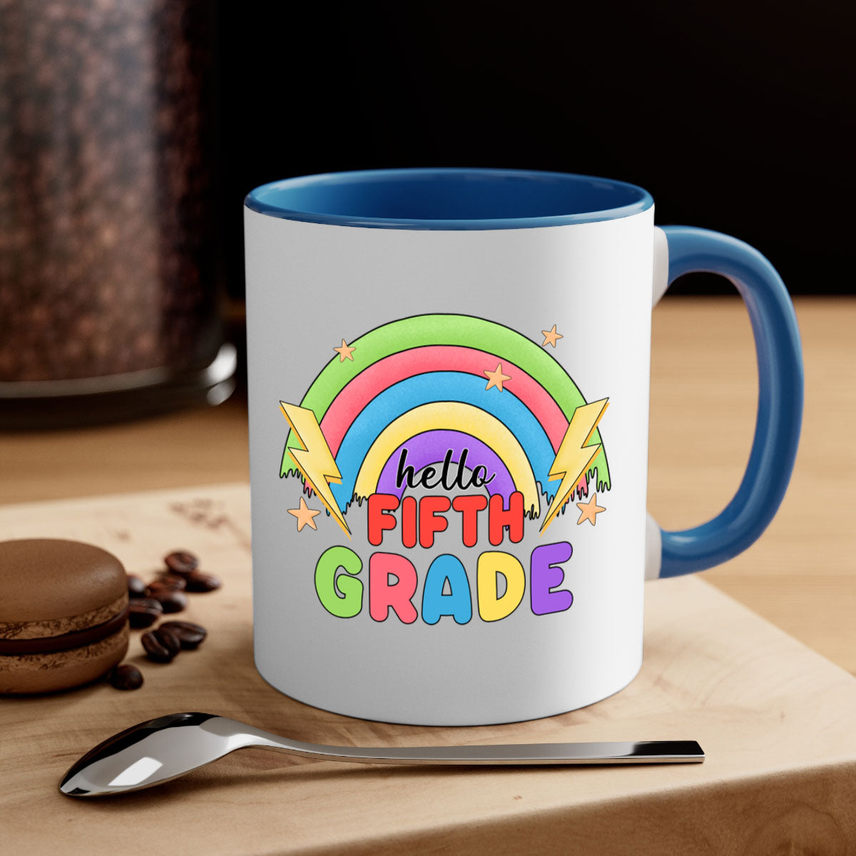 Hello 5th Grade Rainbow Mug with colorful handle and interior, showcasing a glossy finish, perfect for coffee and tea lovers.