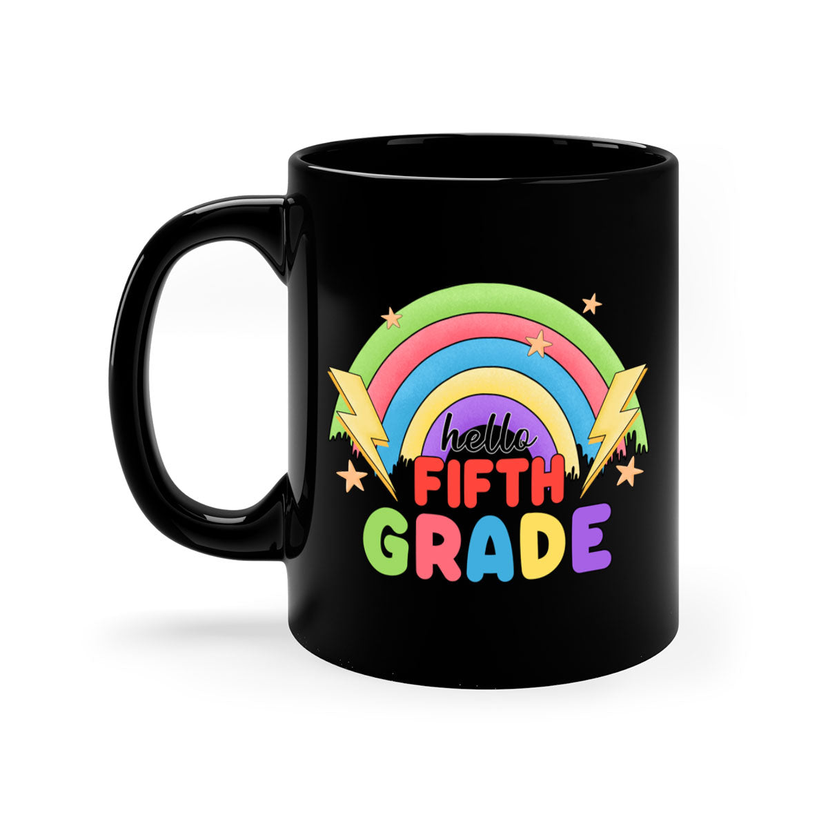 Hello 5th Grade Rainbow Mug with colorful handle and interior, showcasing a glossy finish, perfect for coffee and tea lovers.