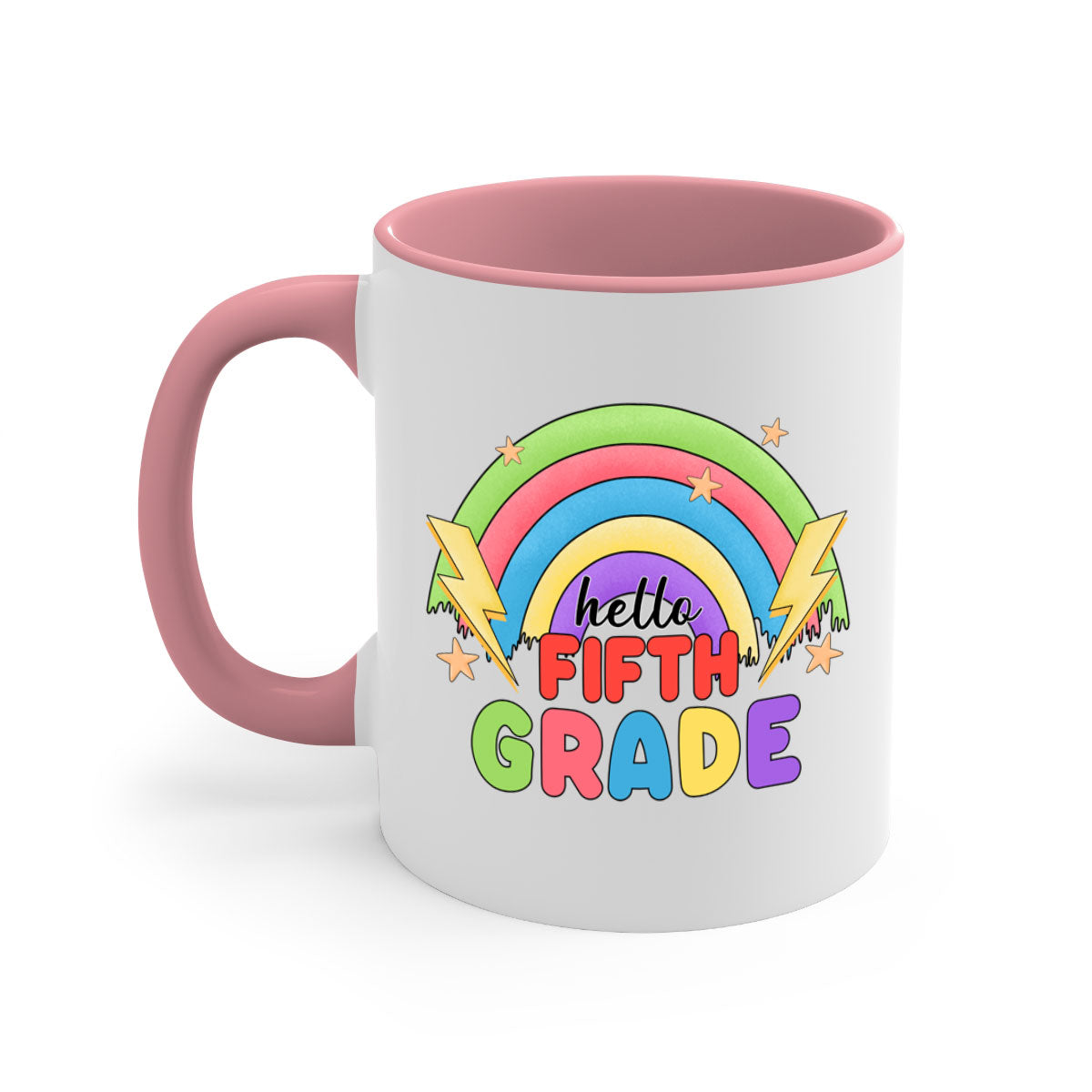 Hello 5th Grade Rainbow Mug with colorful handle and interior, showcasing a glossy finish, perfect for coffee and tea lovers.