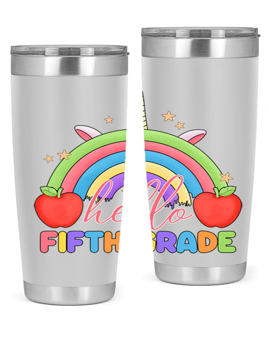 Hello 5th Grade Unicorn Rainbow Tumbler featuring a vibrant unicorn design, double wall stainless steel construction, and a drink-thru lid.
