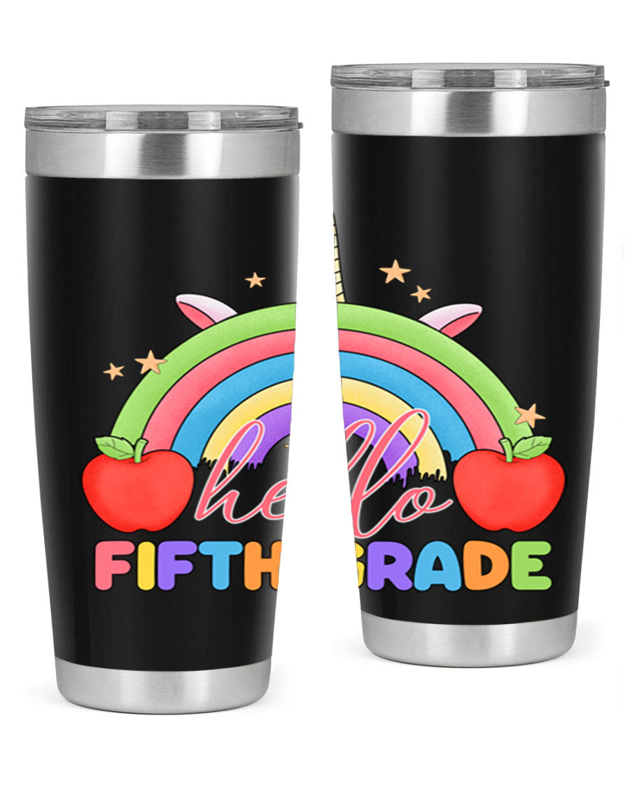 Hello 5th Grade Unicorn Rainbow Tumbler featuring a vibrant unicorn design, double wall stainless steel construction, and a drink-thru lid.