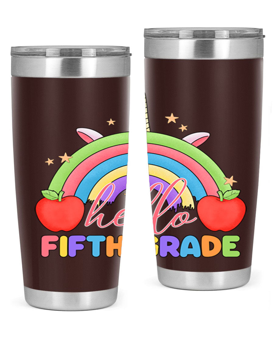 Hello 5th Grade Unicorn Rainbow Tumbler featuring a vibrant unicorn design, double wall stainless steel construction, and a drink-thru lid.