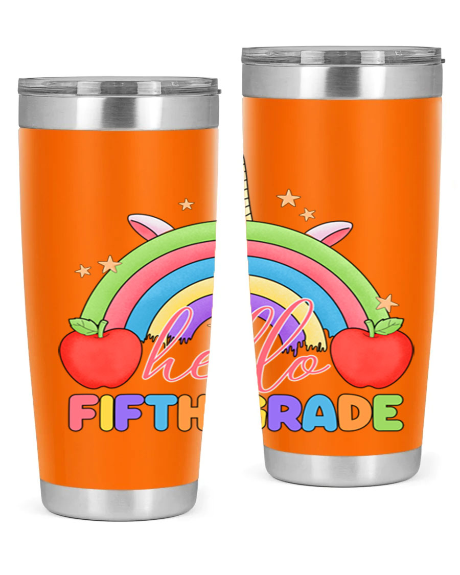 Hello 5th Grade Unicorn Rainbow Tumbler featuring a vibrant unicorn design, double wall stainless steel construction, and a drink-thru lid.