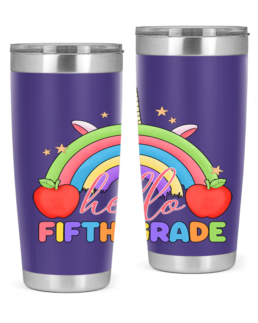 Hello 5th Grade Unicorn Rainbow Tumbler featuring a vibrant unicorn design, double wall stainless steel construction, and a drink-thru lid.