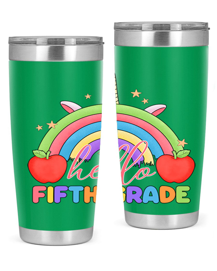 Hello 5th Grade Unicorn Rainbow Tumbler featuring a vibrant unicorn design, double wall stainless steel construction, and a drink-thru lid.