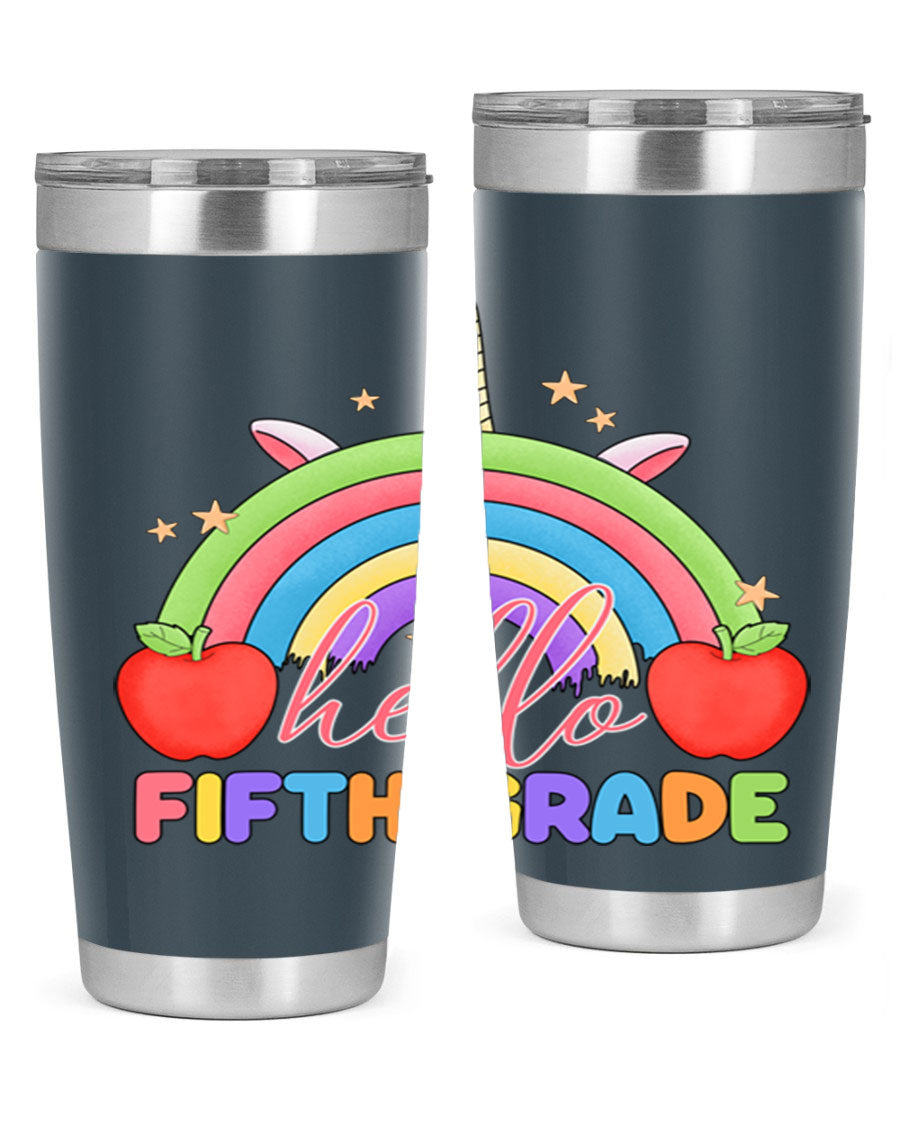 Hello 5th Grade Unicorn Rainbow Tumbler featuring a vibrant unicorn design, double wall stainless steel construction, and a drink-thru lid.