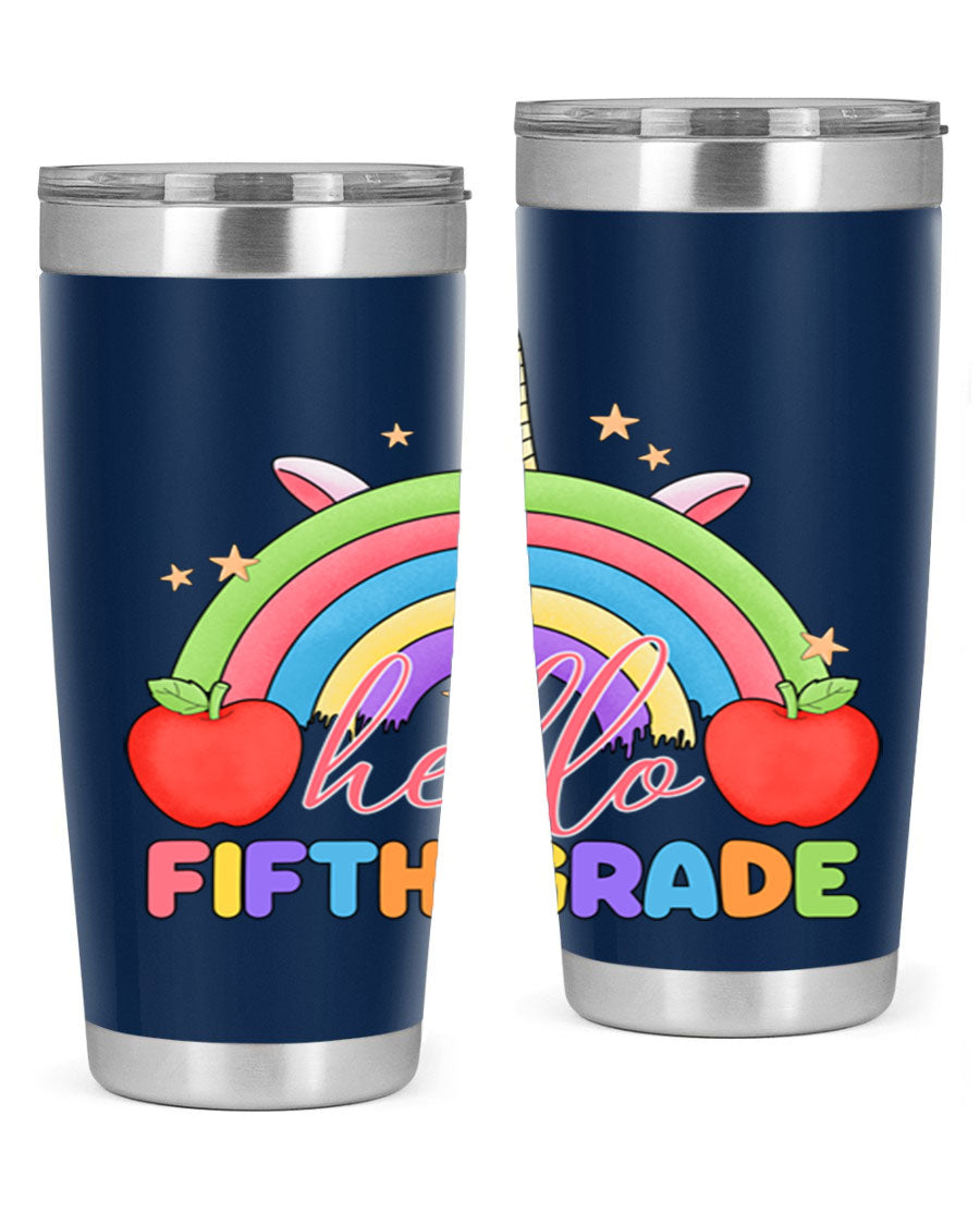 Hello 5th Grade Unicorn Rainbow Tumbler featuring a vibrant unicorn design, double wall stainless steel construction, and a drink-thru lid.