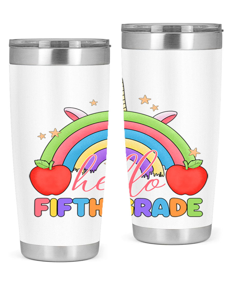 Hello 5th Grade Unicorn Rainbow Tumbler featuring a vibrant unicorn design, double wall stainless steel construction, and a drink-thru lid.