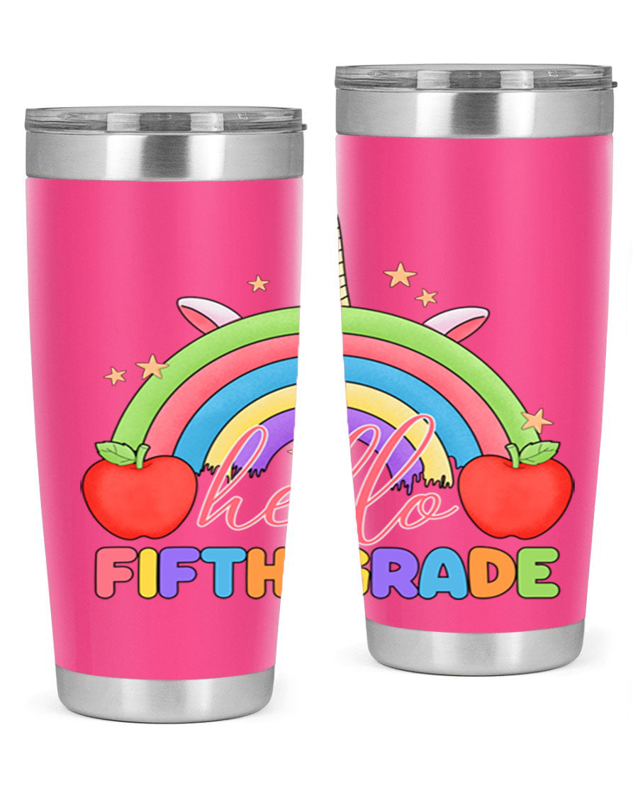 Hello 5th Grade Unicorn Rainbow Tumbler featuring a vibrant unicorn design, double wall stainless steel construction, and a drink-thru lid.