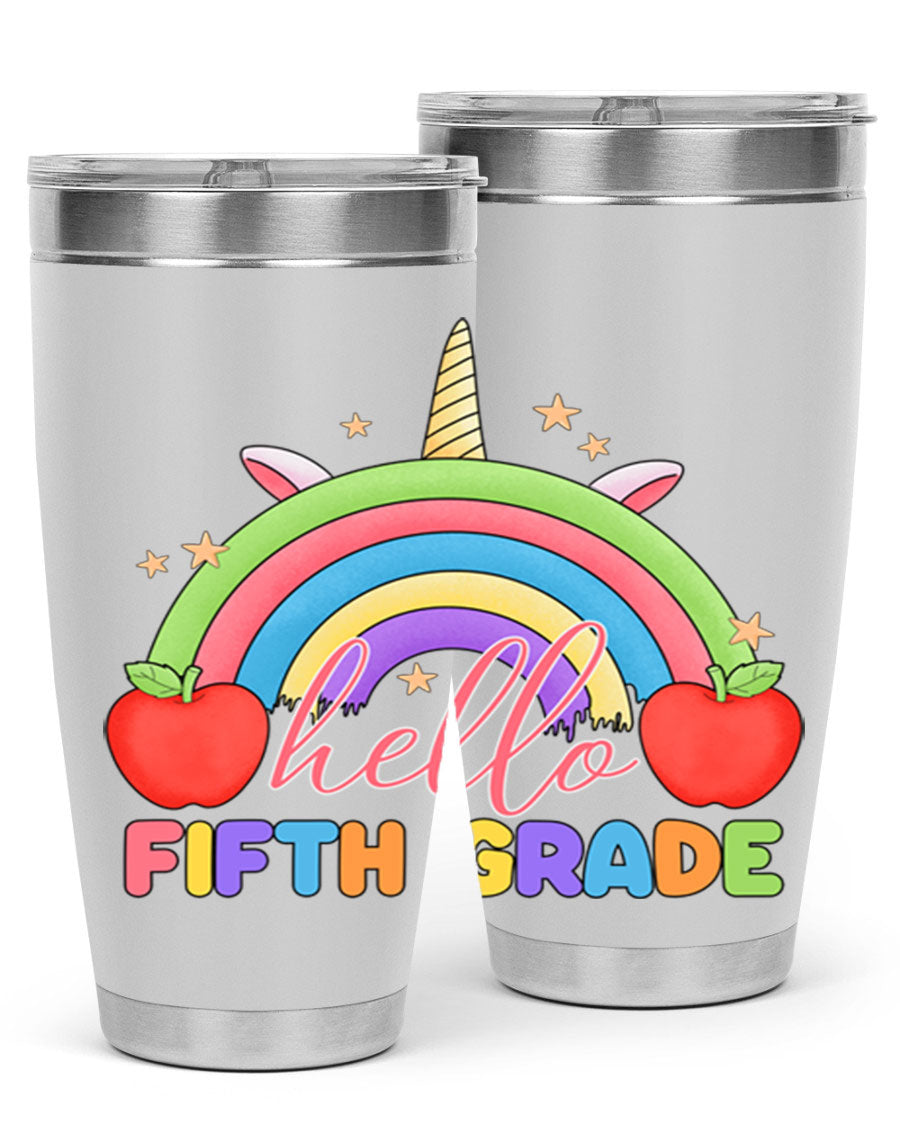 Hello 5th Grade Unicorn Rainbow Tumbler featuring a vibrant unicorn design, double wall stainless steel construction, and a drink-thru lid.
