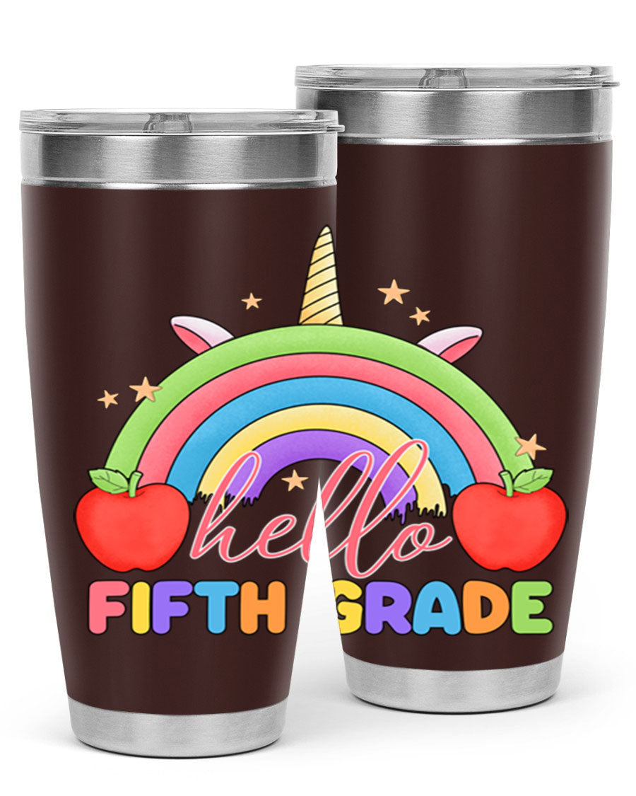 Hello 5th Grade Unicorn Rainbow Tumbler featuring a vibrant unicorn design, double wall stainless steel construction, and a drink-thru lid.