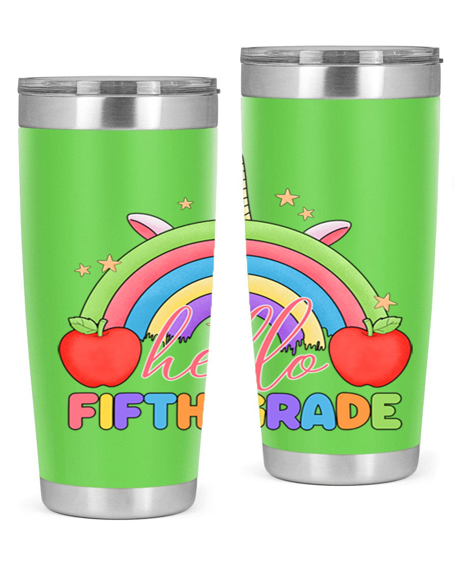 Hello 5th Grade Unicorn Rainbow Tumbler featuring a vibrant unicorn design, double wall stainless steel construction, and a drink-thru lid.