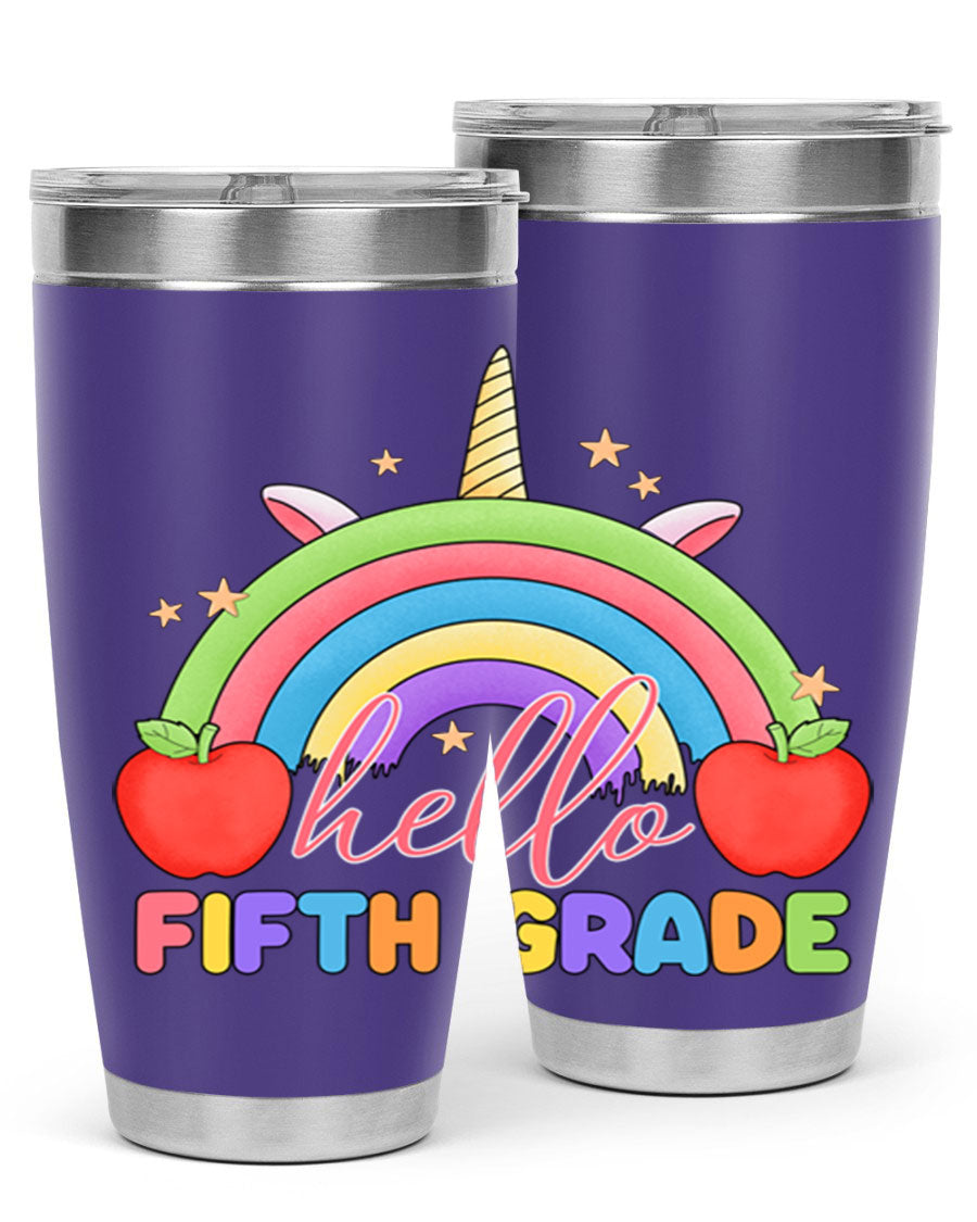 Hello 5th Grade Unicorn Rainbow Tumbler featuring a vibrant unicorn design, double wall stainless steel construction, and a drink-thru lid.
