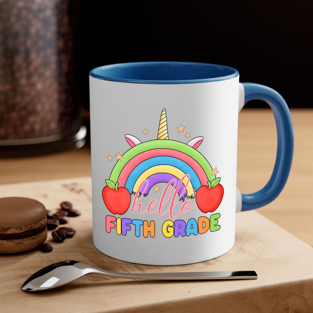 Hello 5th Grade Unicorn Rainbow Mug with colorful handle and glossy finish, perfect for coffee and tea lovers.