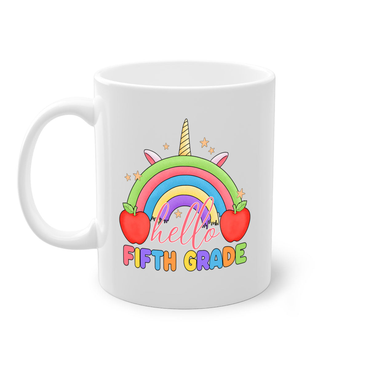 Hello 5th Grade Unicorn Rainbow Mug with colorful handle and glossy finish, perfect for coffee and tea lovers.