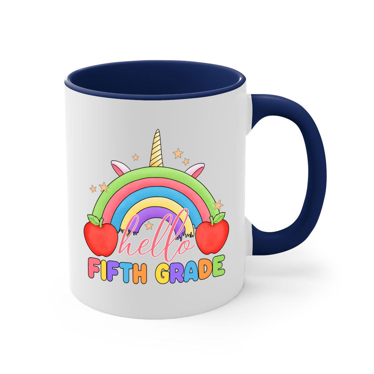 Hello 5th Grade Unicorn Rainbow Mug with colorful handle and glossy finish, perfect for coffee and tea lovers.