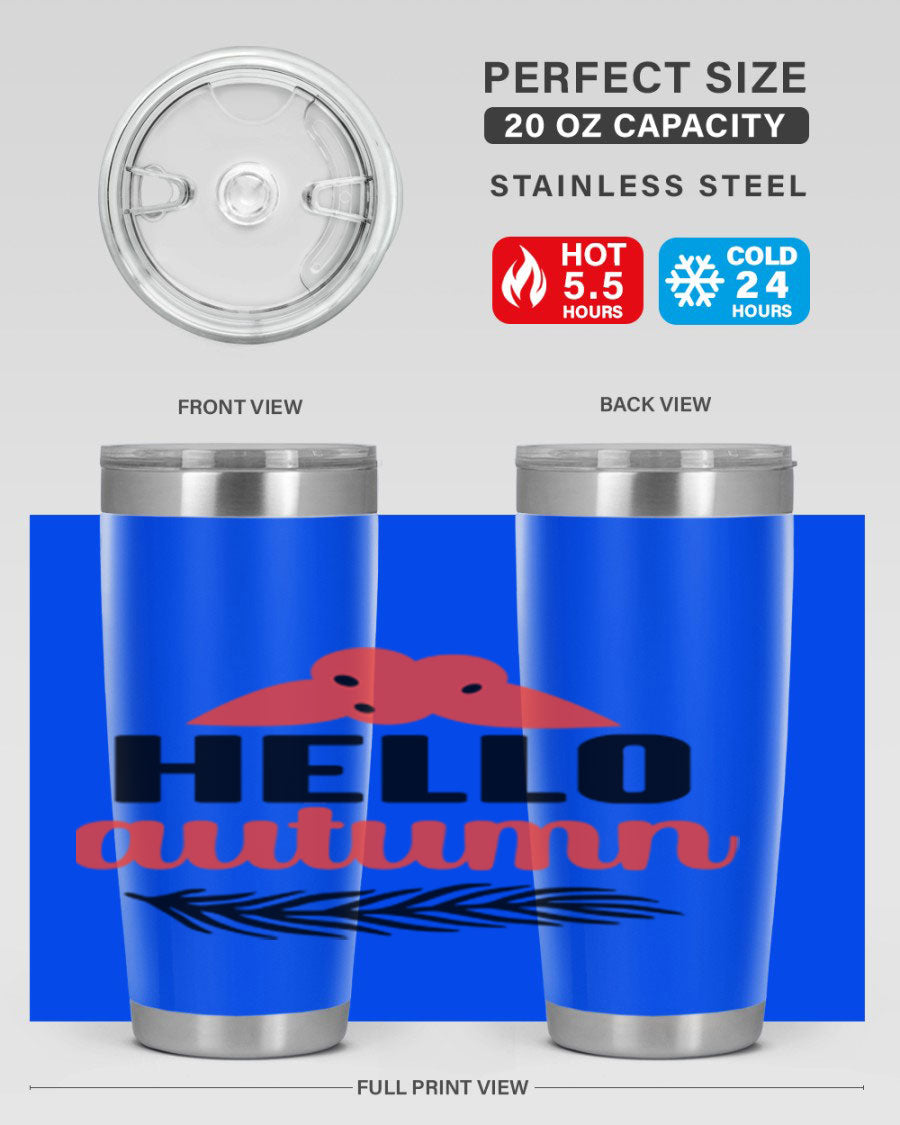 Hello Autumn 20oz tumbler featuring a fall-themed design, double wall vacuum insulation, and a drink-thru lid.