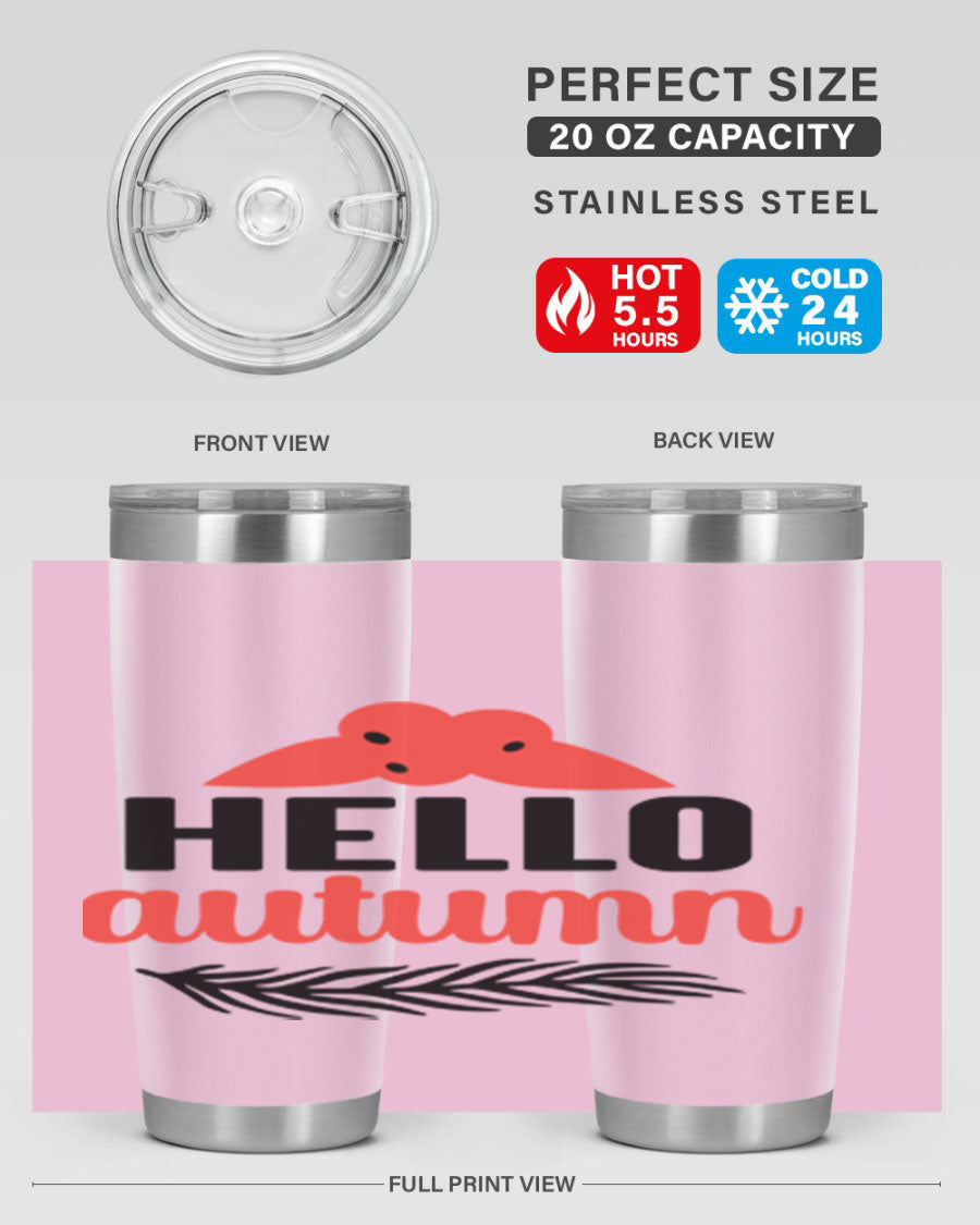 Hello Autumn 20oz tumbler featuring a fall-themed design, double wall vacuum insulation, and a drink-thru lid.