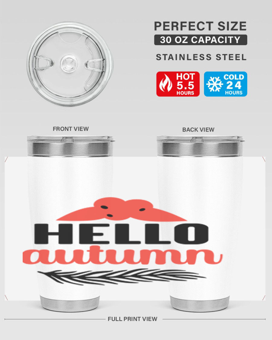 Hello Autumn 20oz tumbler featuring a fall-themed design, double wall vacuum insulation, and a drink-thru lid.