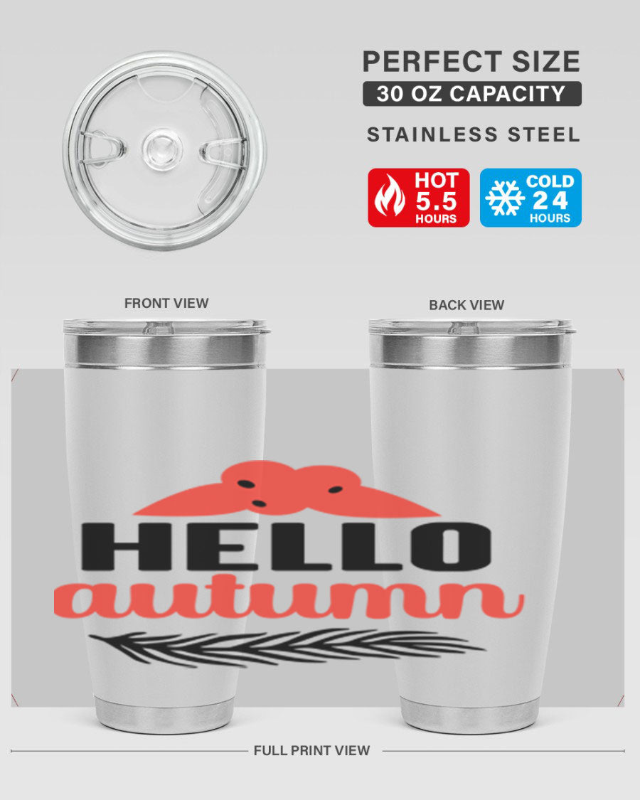 Hello Autumn 20oz tumbler featuring a fall-themed design, double wall vacuum insulation, and a drink-thru lid.