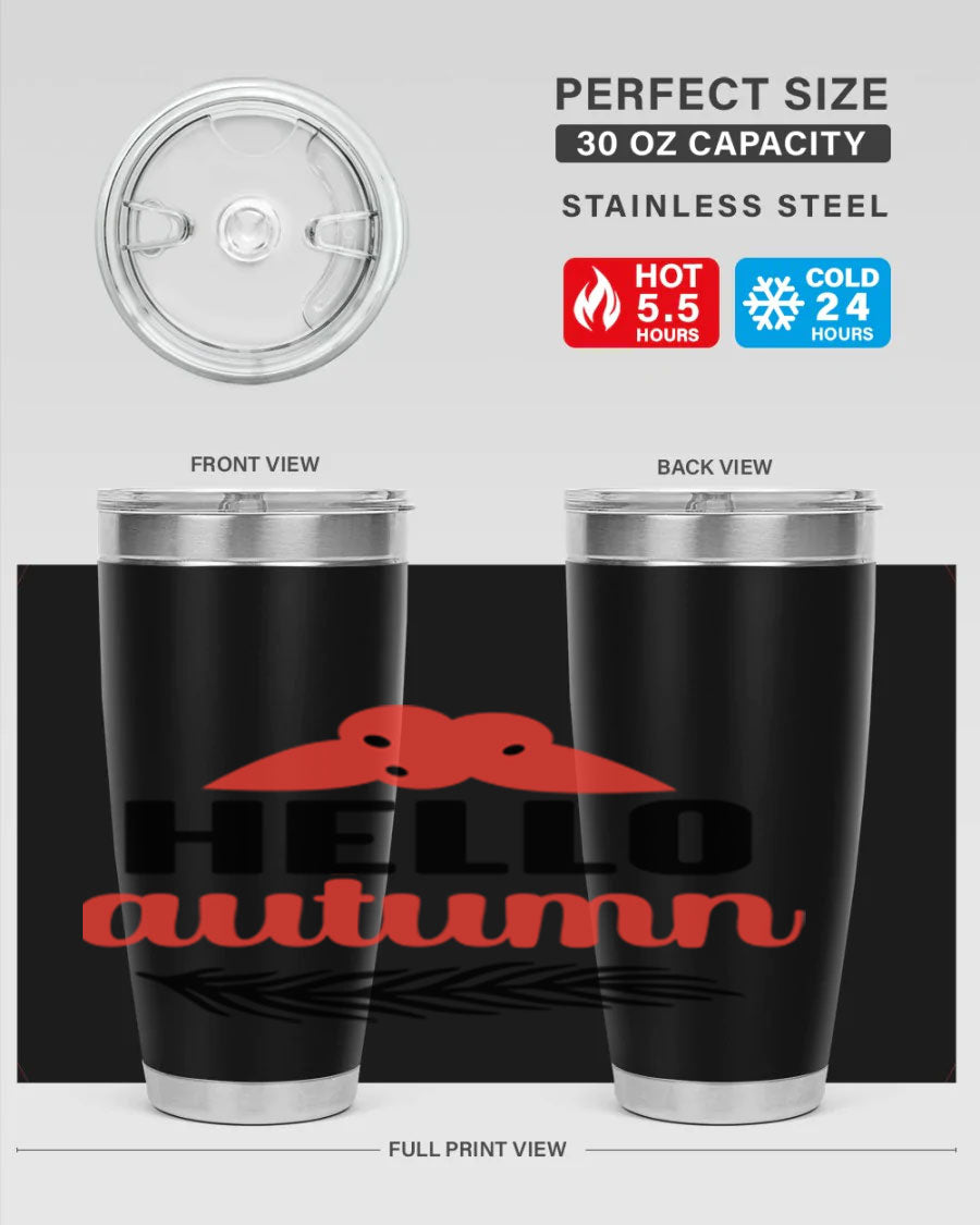 Hello Autumn 20oz tumbler featuring a fall-themed design, double wall vacuum insulation, and a drink-thru lid.