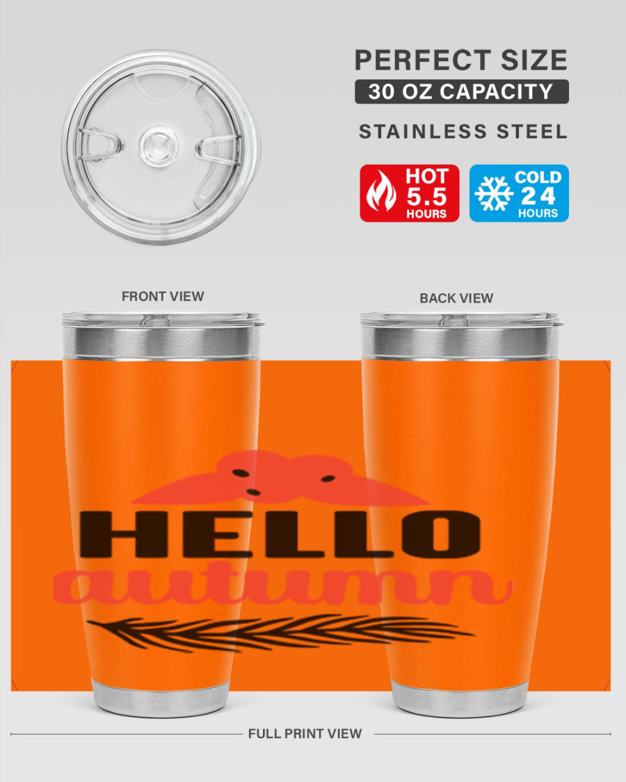Hello Autumn 20oz tumbler featuring a fall-themed design, double wall vacuum insulation, and a drink-thru lid.
