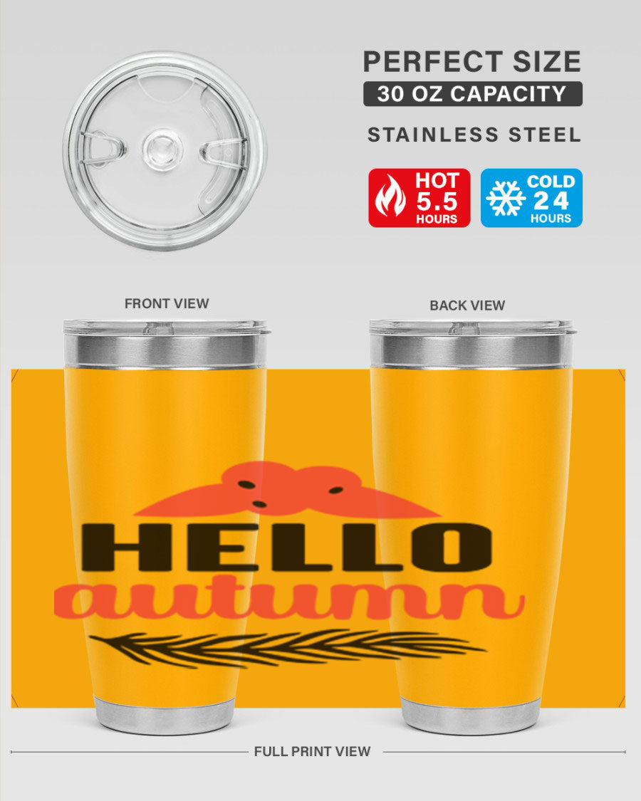 Hello Autumn 20oz tumbler featuring a fall-themed design, double wall vacuum insulation, and a drink-thru lid.
