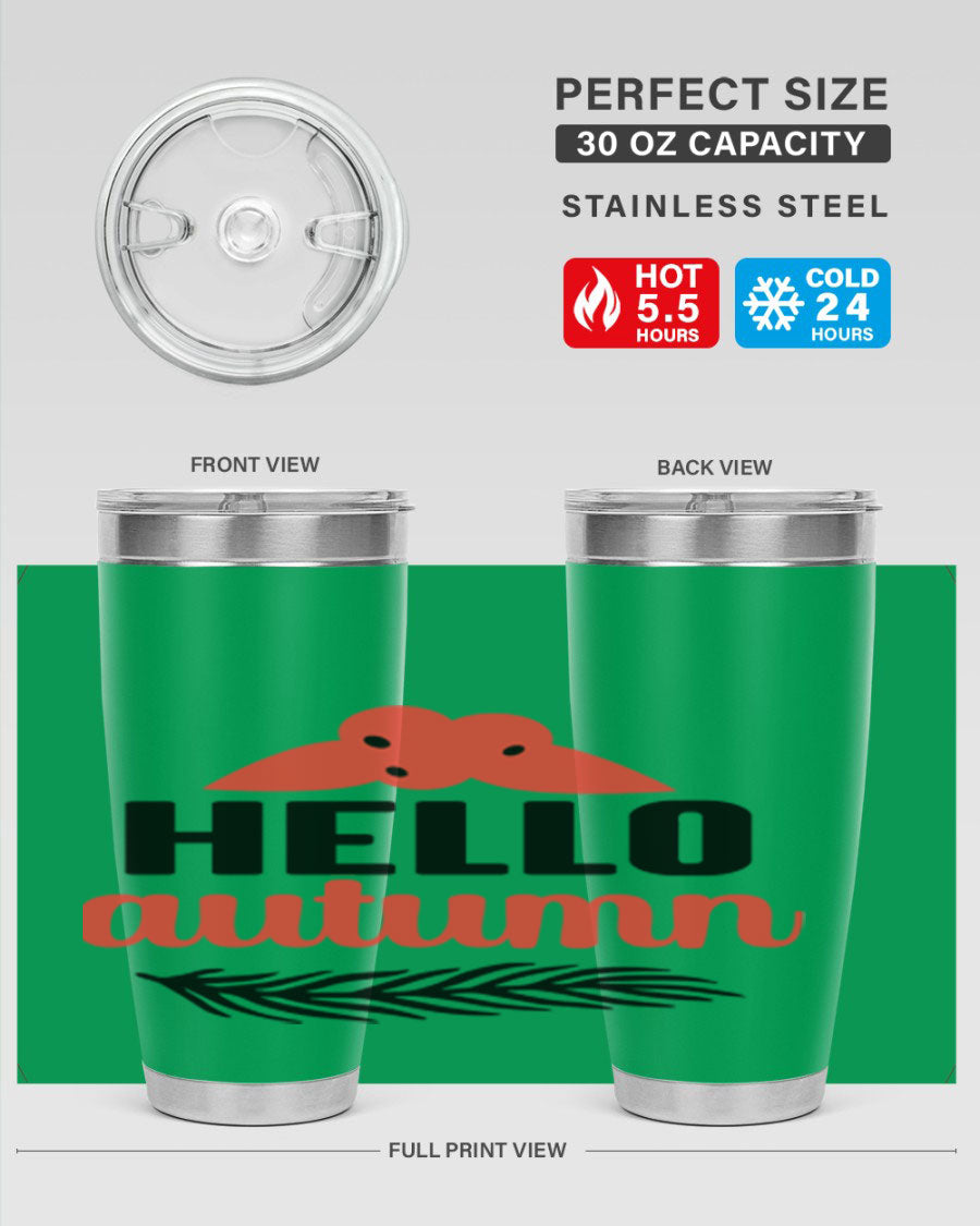 Hello Autumn 20oz tumbler featuring a fall-themed design, double wall vacuum insulation, and a drink-thru lid.