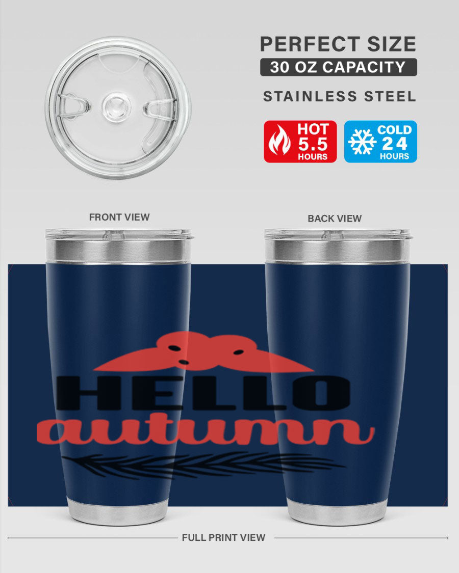 Hello Autumn 20oz tumbler featuring a fall-themed design, double wall vacuum insulation, and a drink-thru lid.