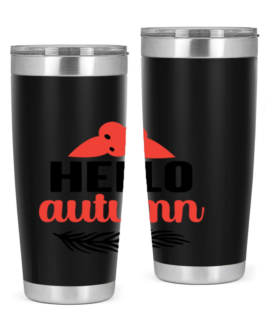 Hello Autumn 20oz tumbler featuring a fall-themed design, double wall vacuum insulation, and a drink-thru lid.