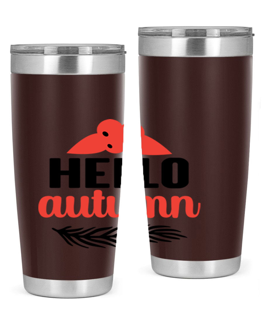 Hello Autumn 20oz tumbler featuring a fall-themed design, double wall vacuum insulation, and a drink-thru lid.