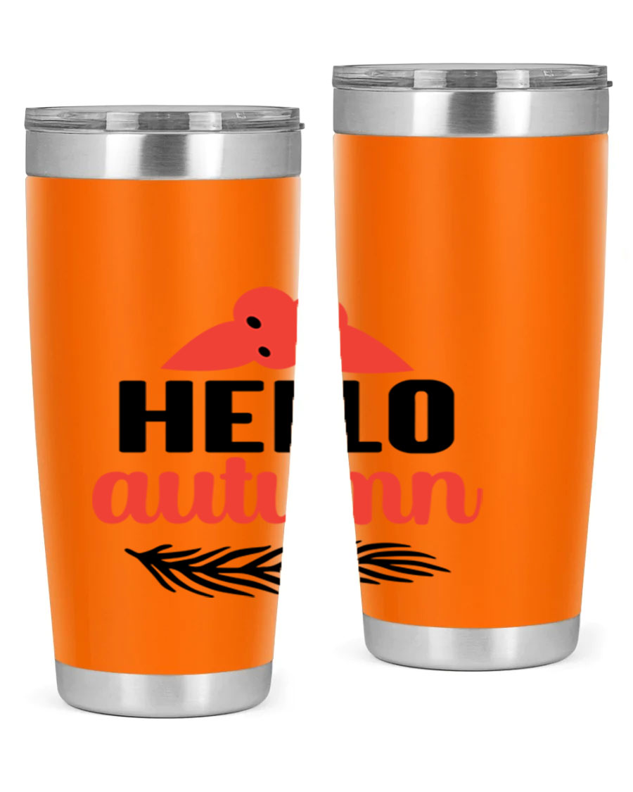 Hello Autumn 20oz tumbler featuring a fall-themed design, double wall vacuum insulation, and a drink-thru lid.
