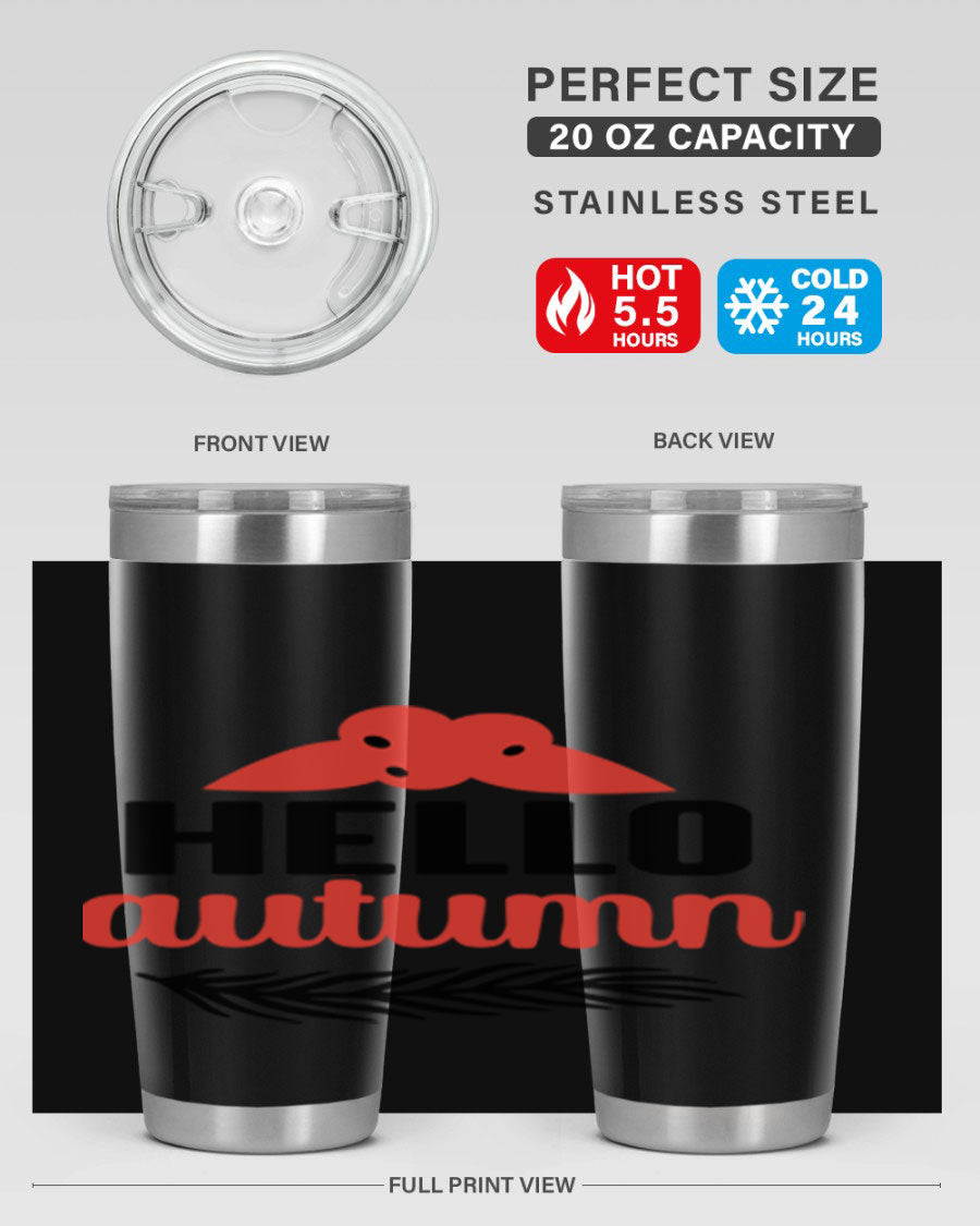 Hello Autumn 20oz tumbler featuring a fall-themed design, double wall vacuum insulation, and a drink-thru lid.