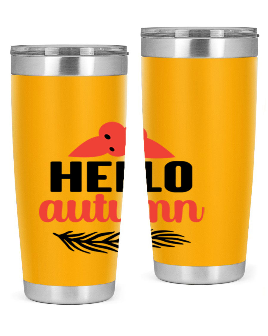 Hello Autumn 20oz tumbler featuring a fall-themed design, double wall vacuum insulation, and a drink-thru lid.