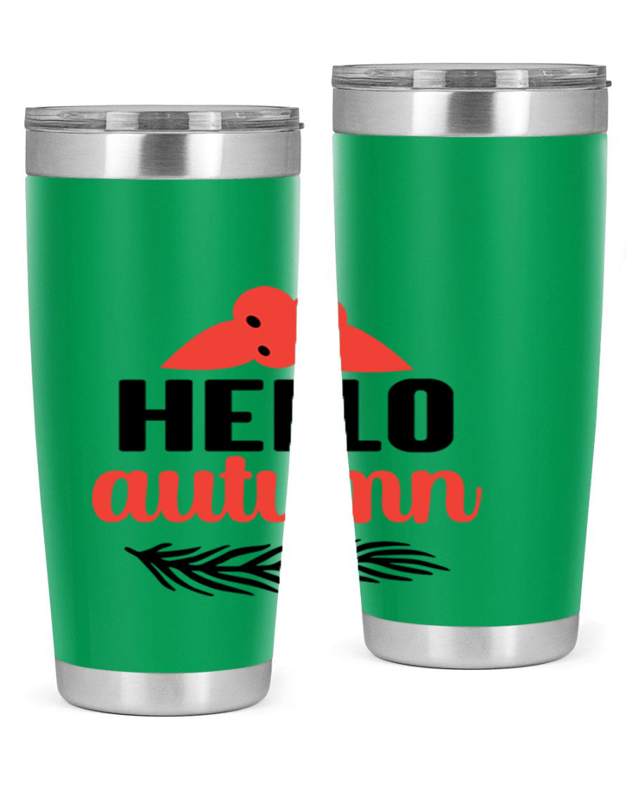 Hello Autumn 20oz tumbler featuring a fall-themed design, double wall vacuum insulation, and a drink-thru lid.