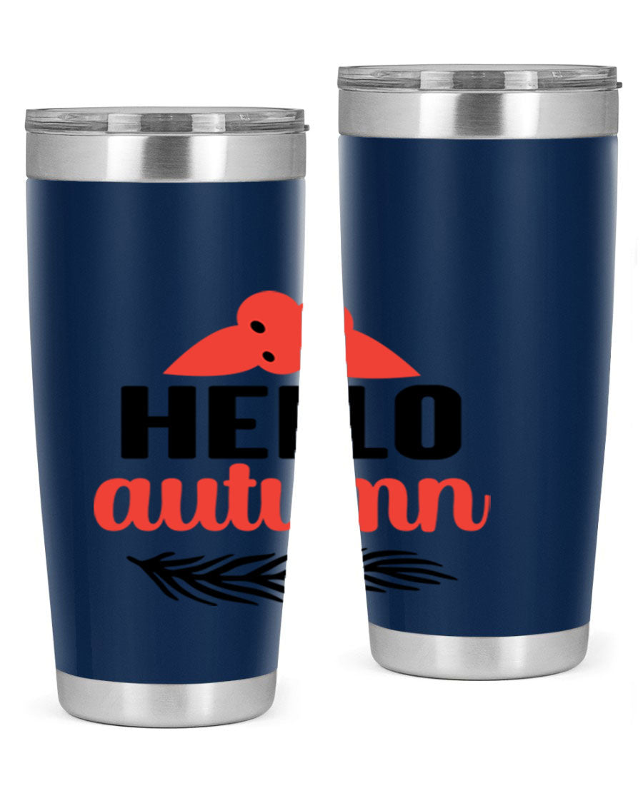 Hello Autumn 20oz tumbler featuring a fall-themed design, double wall vacuum insulation, and a drink-thru lid.
