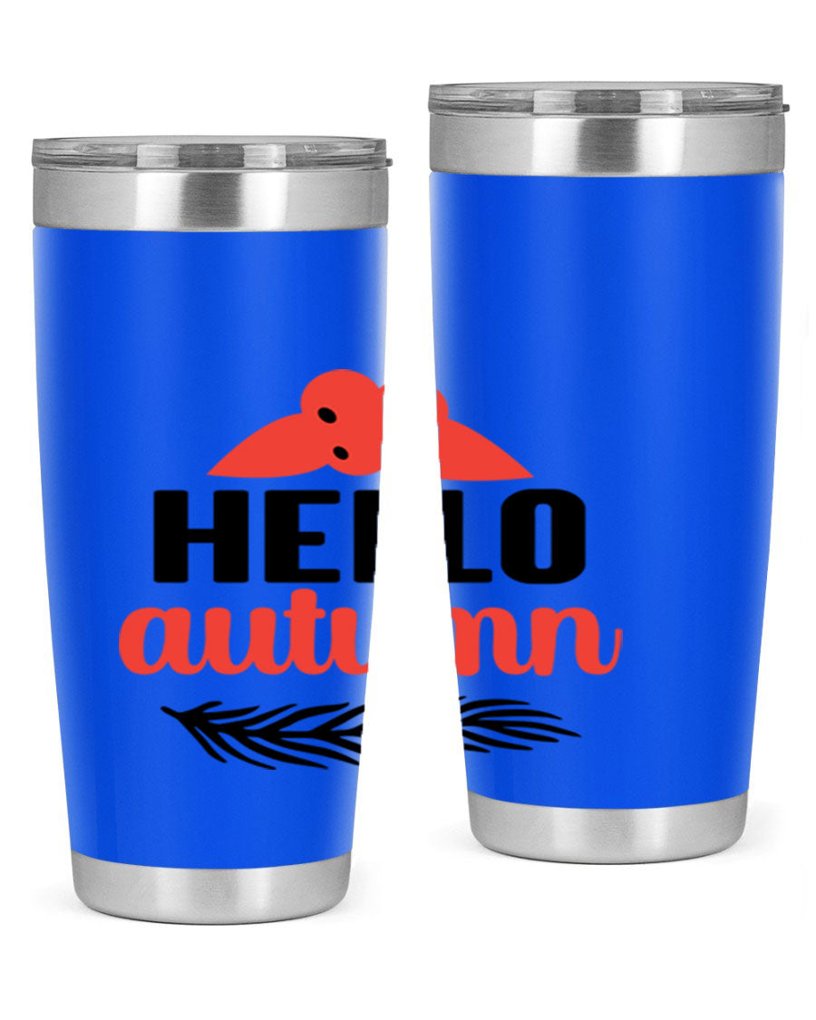 Hello Autumn 20oz tumbler featuring a fall-themed design, double wall vacuum insulation, and a drink-thru lid.