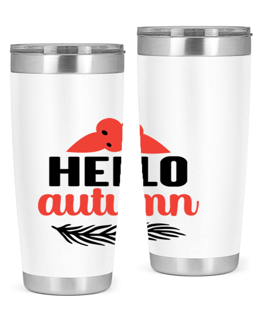 Hello Autumn 20oz tumbler featuring a fall-themed design, double wall vacuum insulation, and a drink-thru lid.