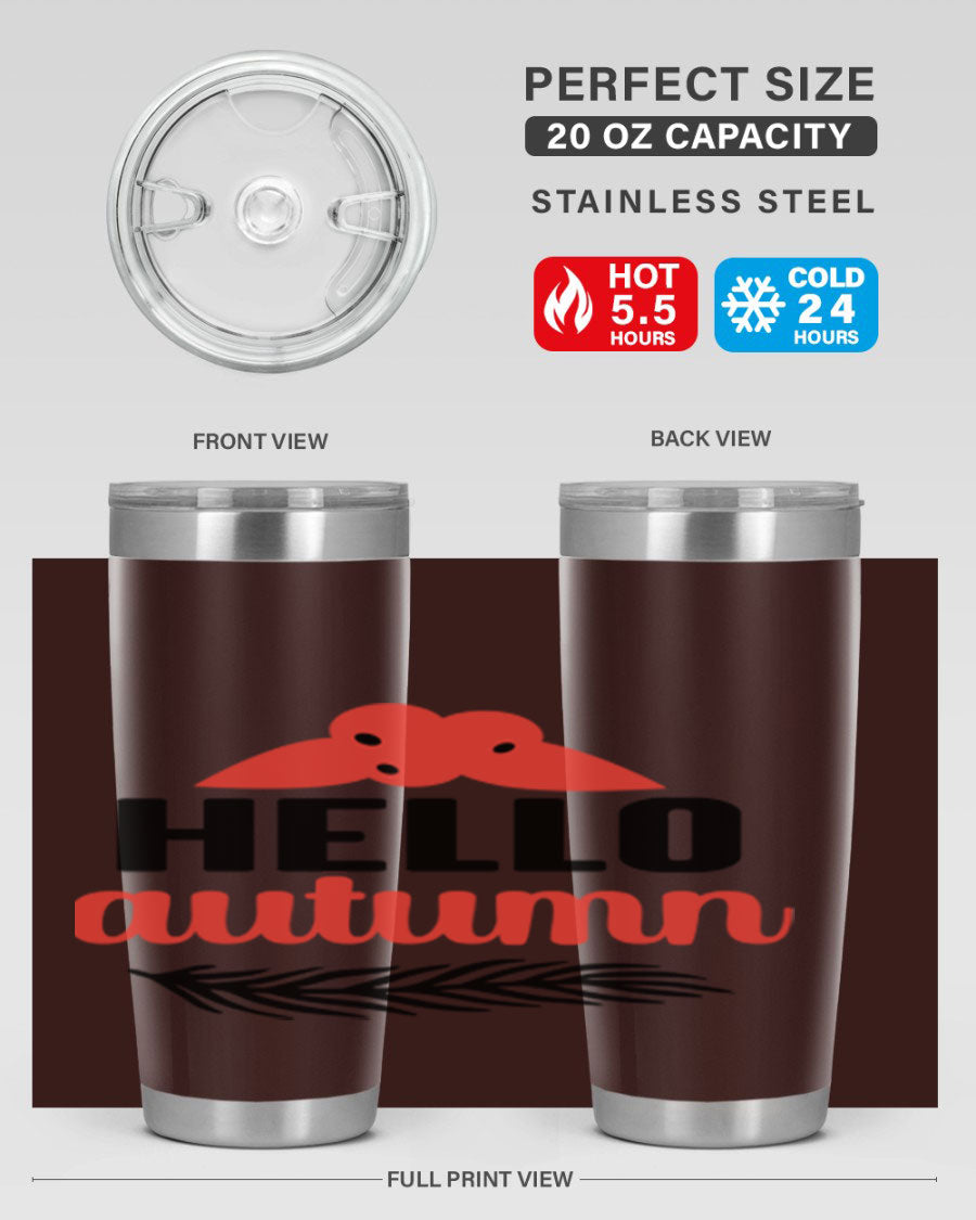Hello Autumn 20oz tumbler featuring a fall-themed design, double wall vacuum insulation, and a drink-thru lid.