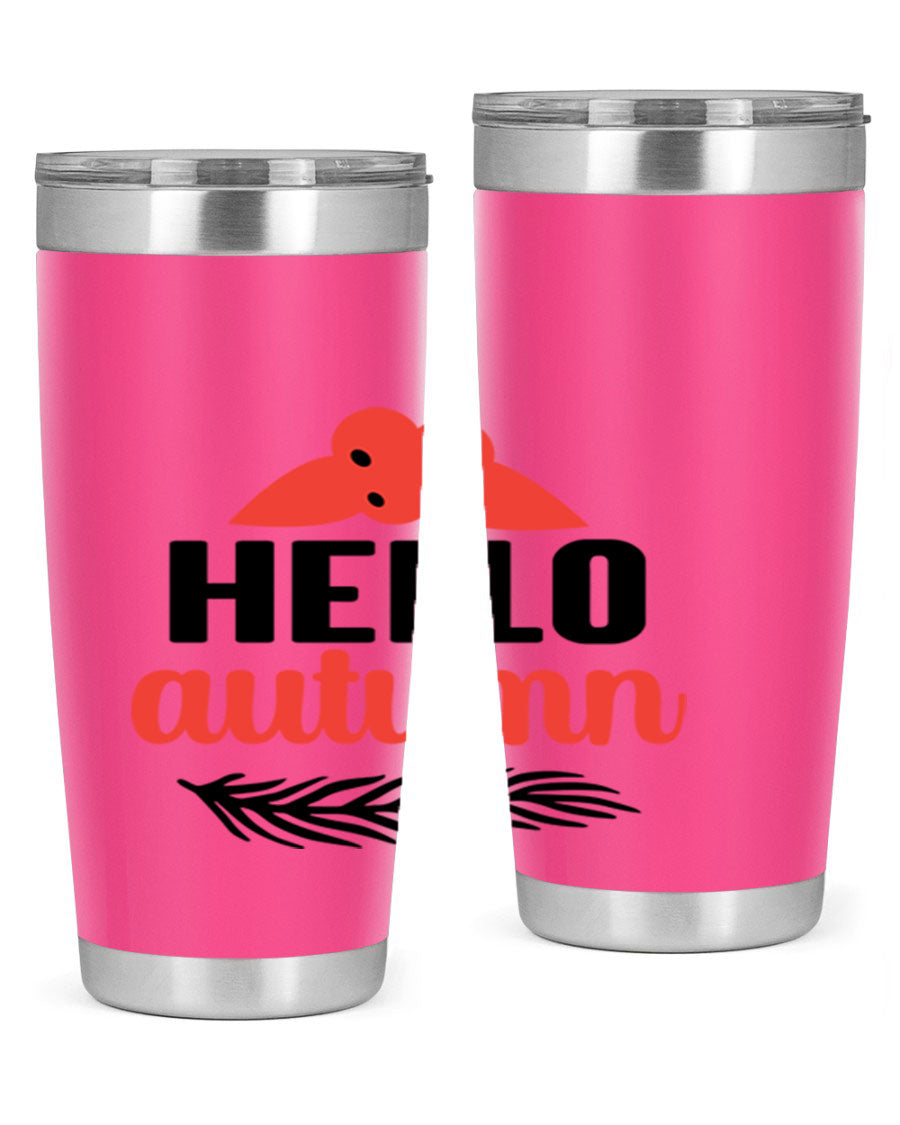 Hello Autumn 20oz tumbler featuring a fall-themed design, double wall vacuum insulation, and a drink-thru lid.