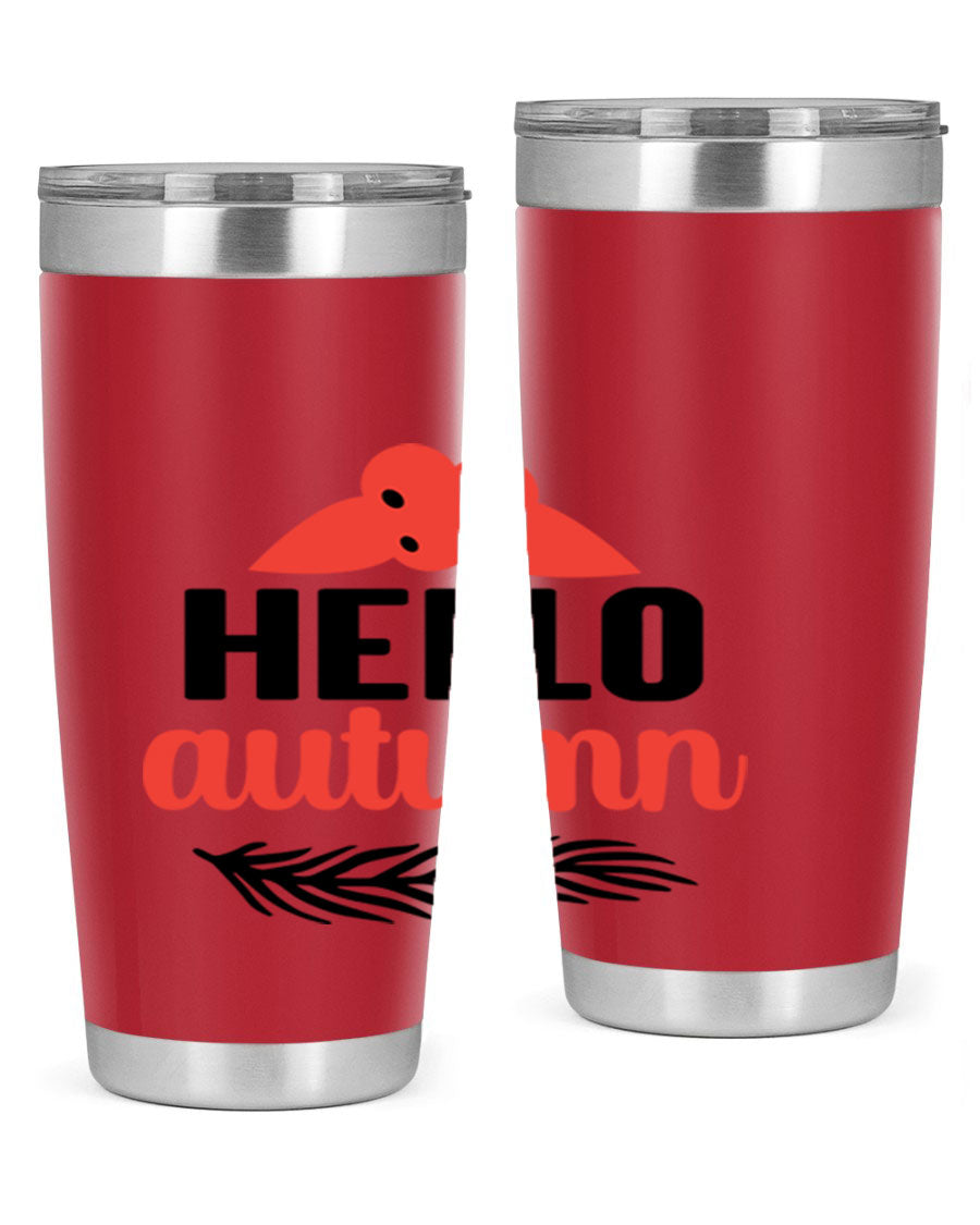 Hello Autumn 20oz tumbler featuring a fall-themed design, double wall vacuum insulation, and a drink-thru lid.