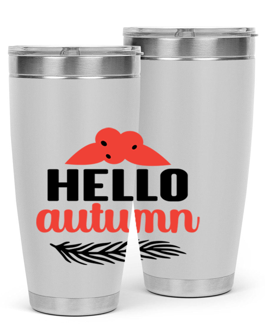Hello Autumn 20oz tumbler featuring a fall-themed design, double wall vacuum insulation, and a drink-thru lid.