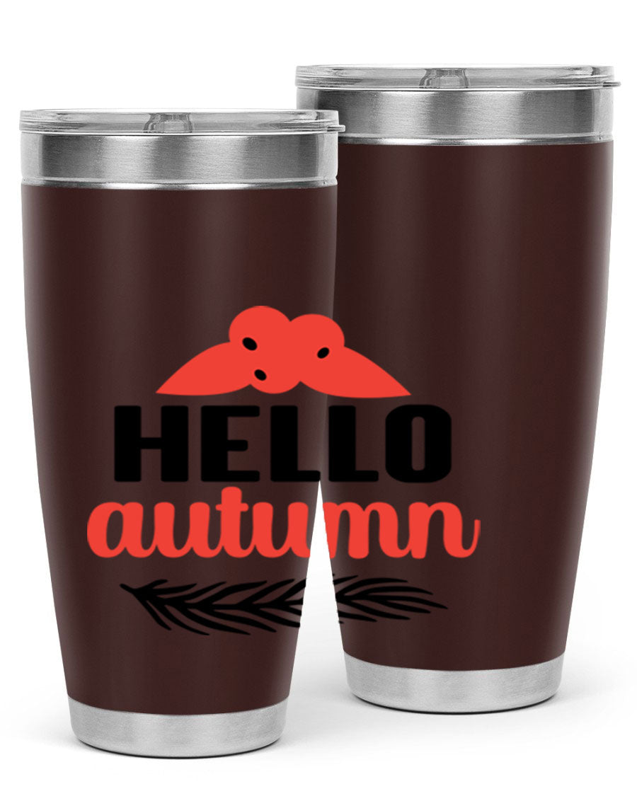 Hello Autumn 20oz tumbler featuring a fall-themed design, double wall vacuum insulation, and a drink-thru lid.
