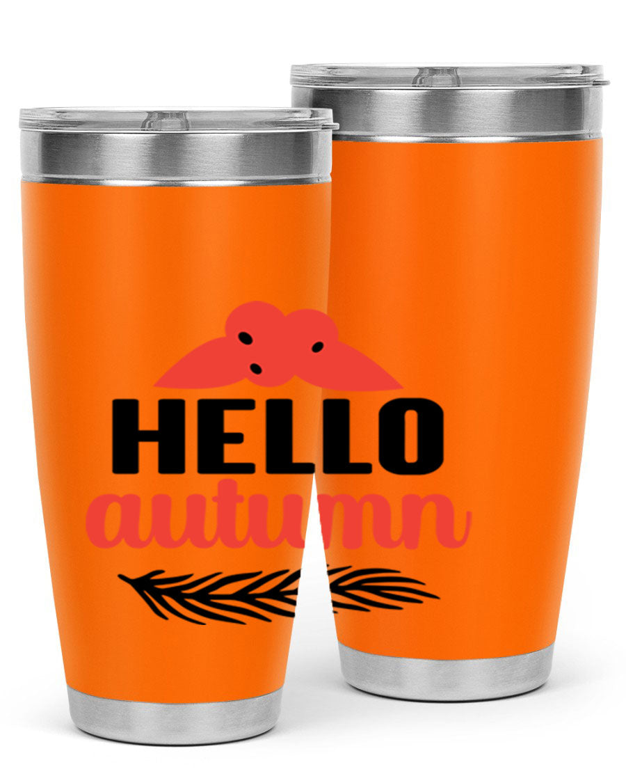 Hello Autumn 20oz tumbler featuring a fall-themed design, double wall vacuum insulation, and a drink-thru lid.