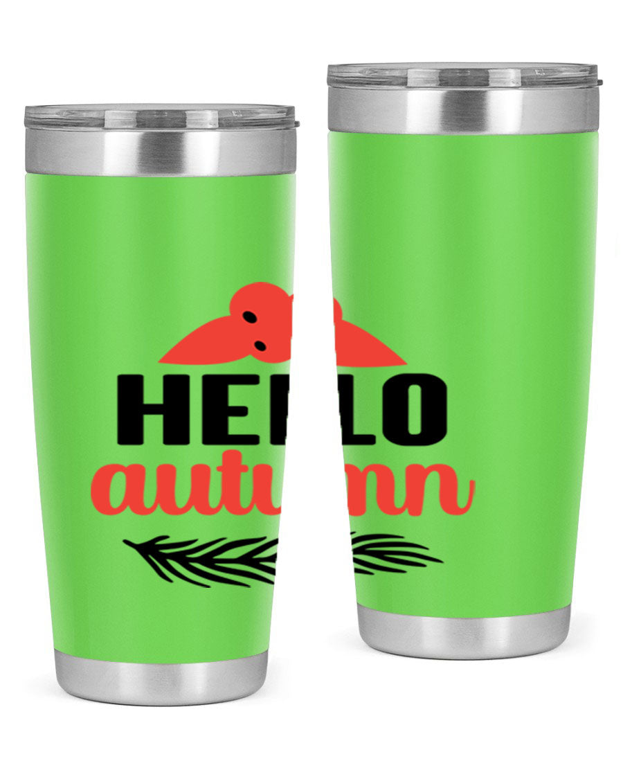 Hello Autumn 20oz tumbler featuring a fall-themed design, double wall vacuum insulation, and a drink-thru lid.