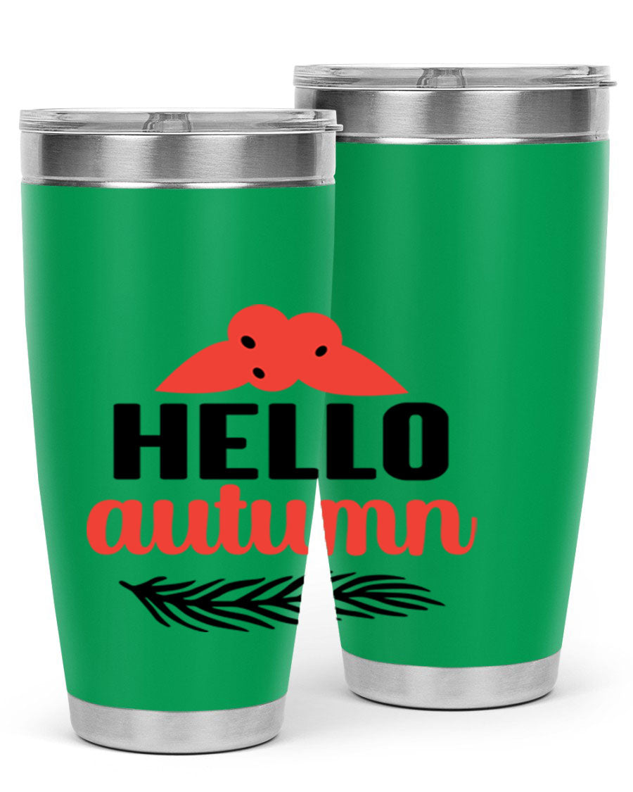 Hello Autumn 20oz tumbler featuring a fall-themed design, double wall vacuum insulation, and a drink-thru lid.